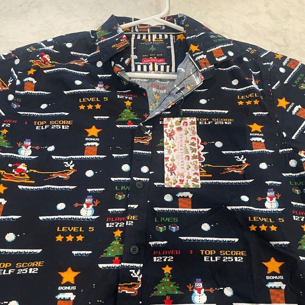 NEW Denim & Flower Men's S Button Down Shirt Holiday Christmas Gaming Short Slv - Picture 10 of 10